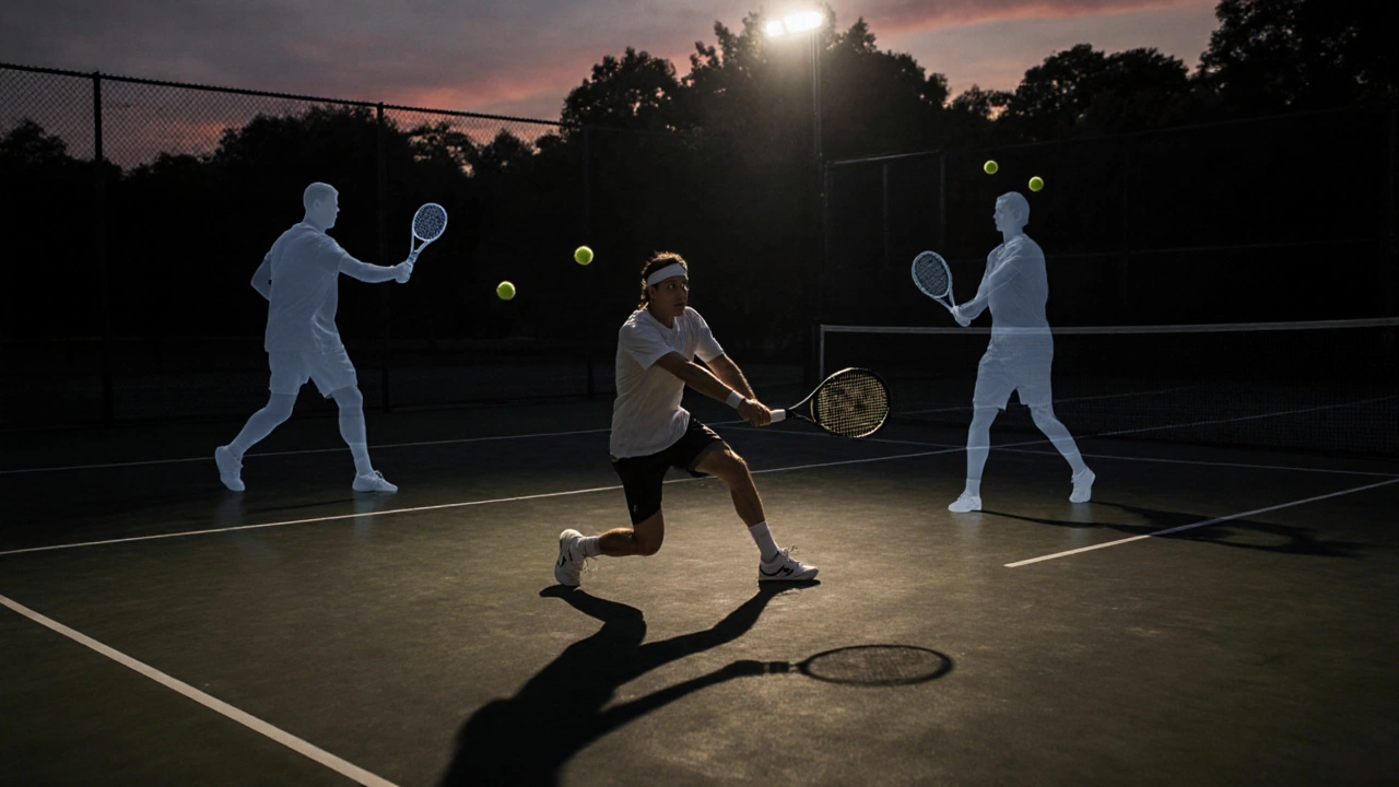 A player practicing with a ball machine at dusk, ghost images showing improved footwork and positioning.