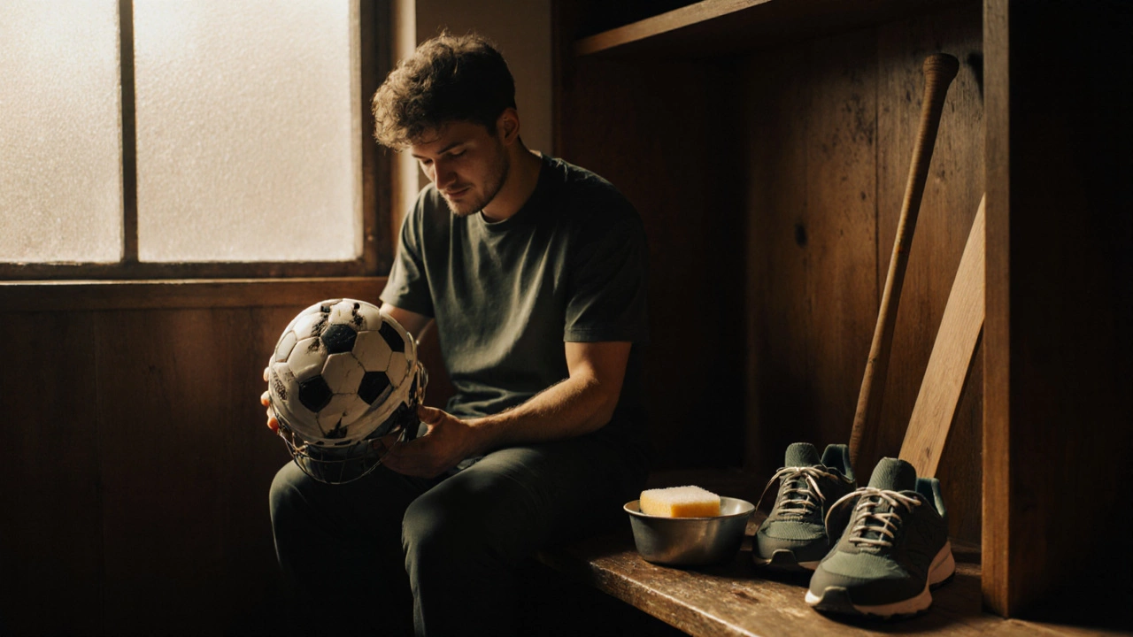 Athlete inspecting helmet, cleaning soccer ball, and lacing shoes in a warm locker room.
