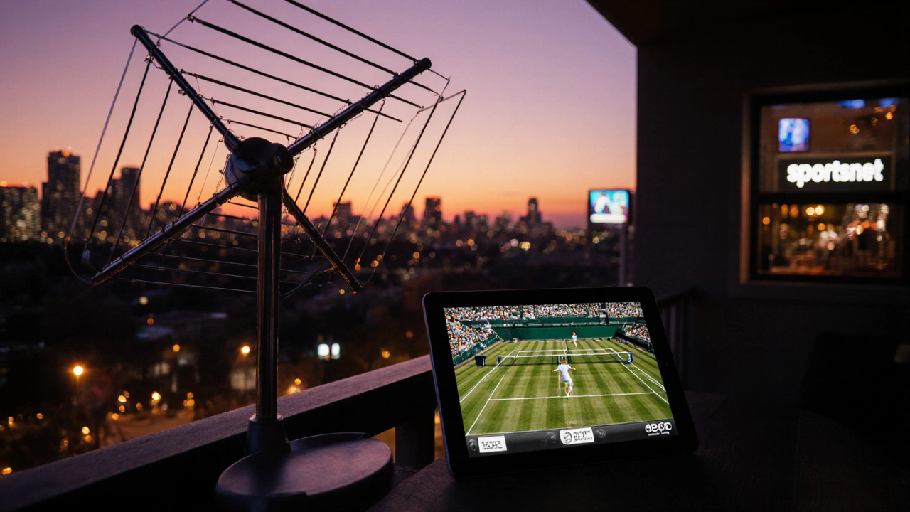 Calgary balcony at sunset with antenna, tablet streaming Wimbledon, and bar TV showing Sportsnet.