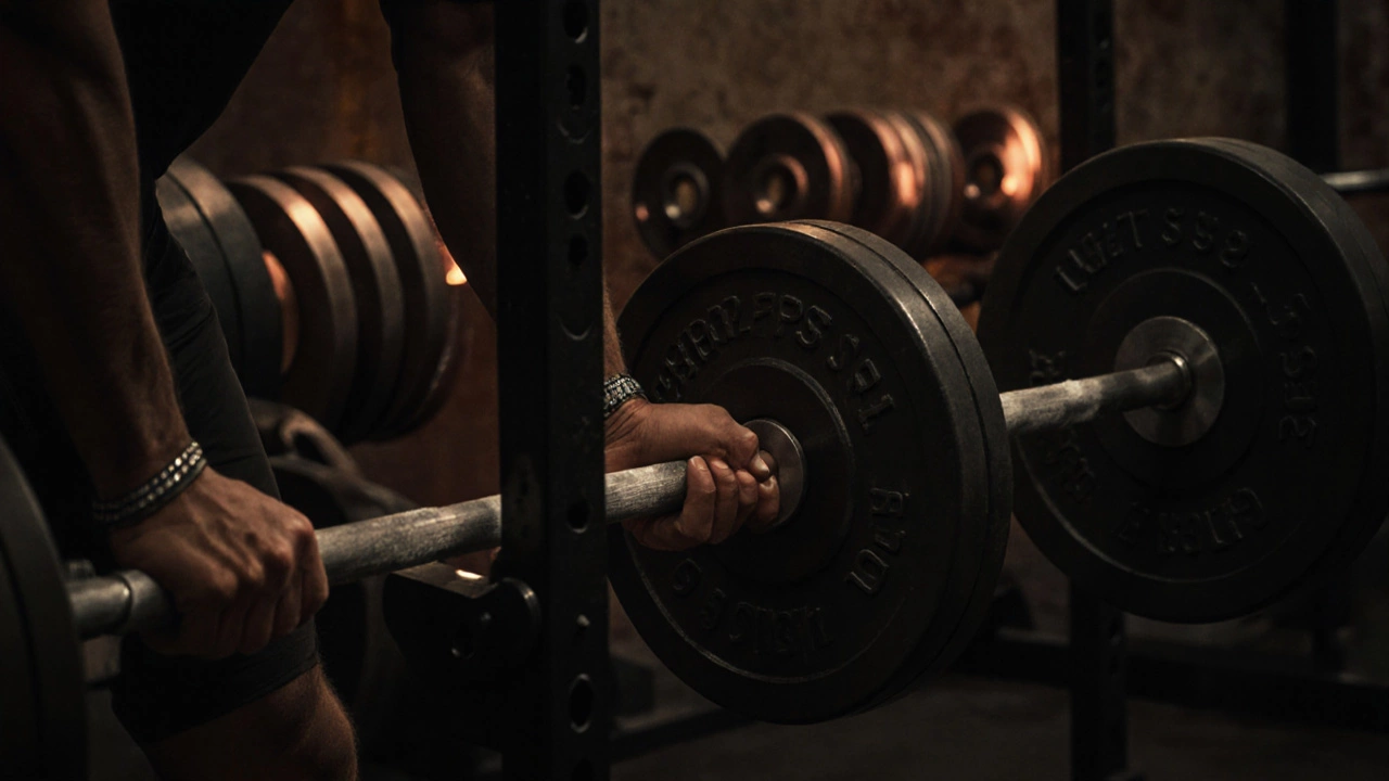 Close‑up of hands loading plates onto a barbell, highlighting progressive overload.