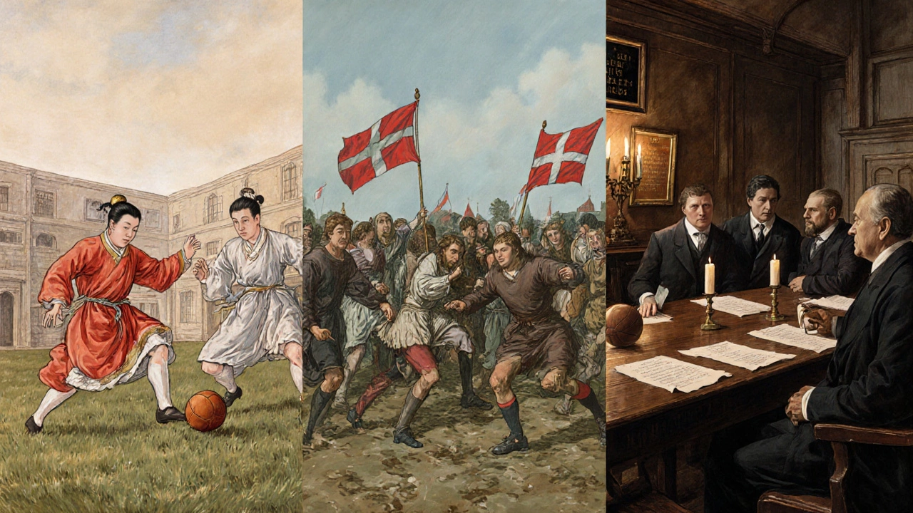 Collage showing cuju, medieval mob football, and 1863 FA meeting.