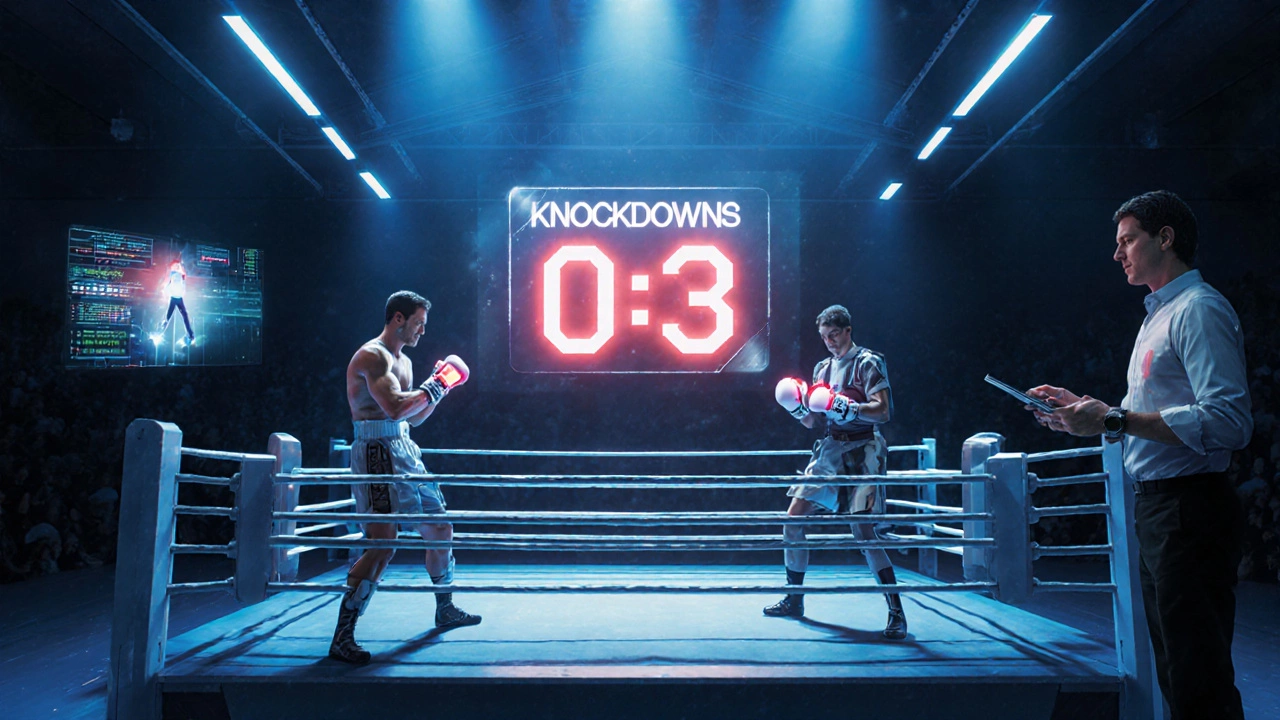 Futuristic boxing match with digital knockdown counter and medical monitoring.