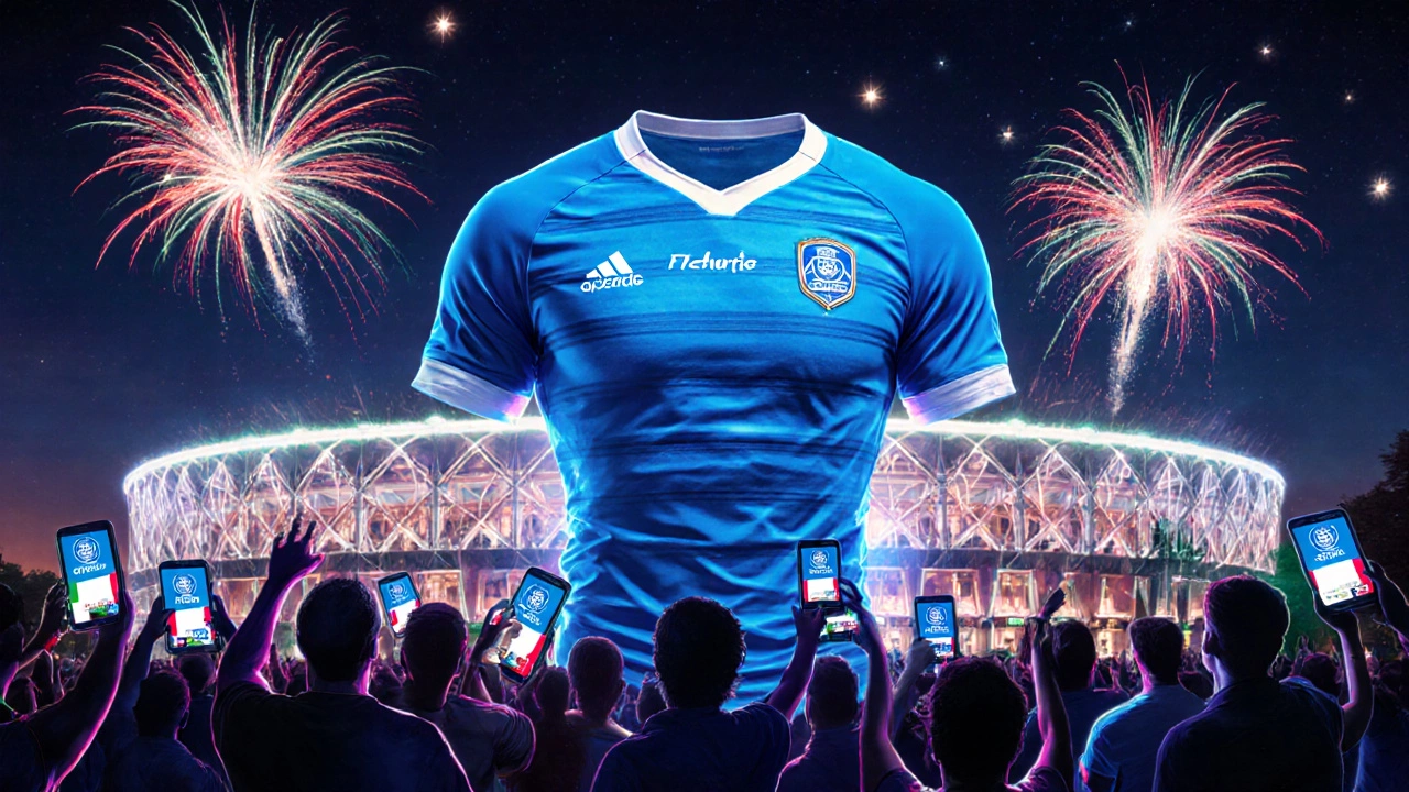 Futuristic night view of Stadio Olimpico for 2026 Rugby World Cup, glowing Azzurri jersey and fans with #AzzurriRugby.