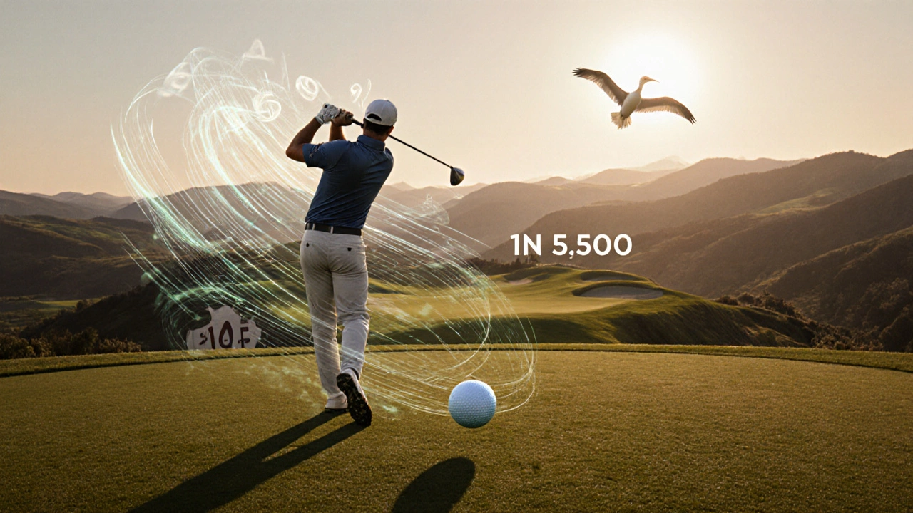 Golfer's ball flying toward a green, surrounded by ghostly numbers showing rarity.