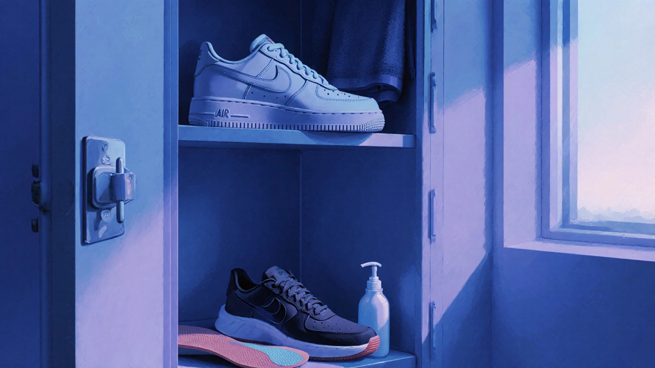 Gym locker showing Air Force 1s, running shoes, insoles, and leather conditioner.