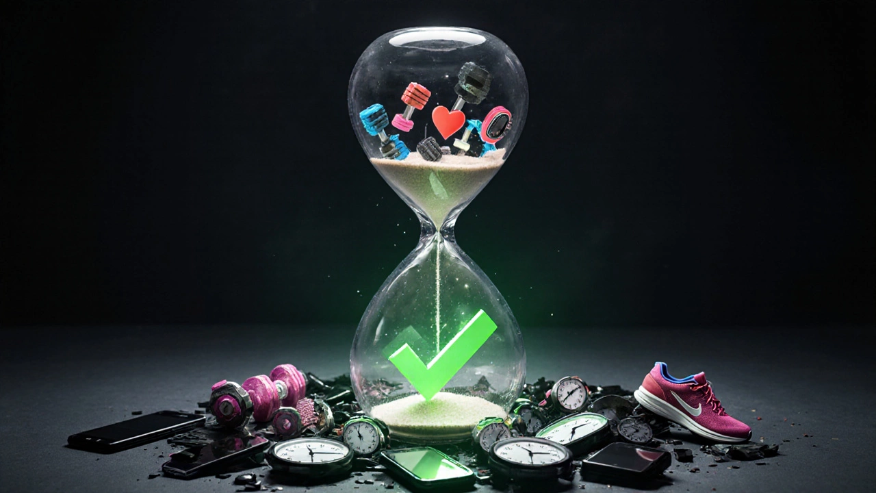 Hourglass filled with workout gear, symbolizing efficient training over time.