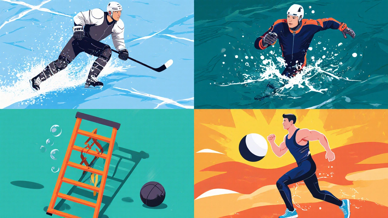 Illustrated collage of athletes using protective, performance, training, and footwear gear.