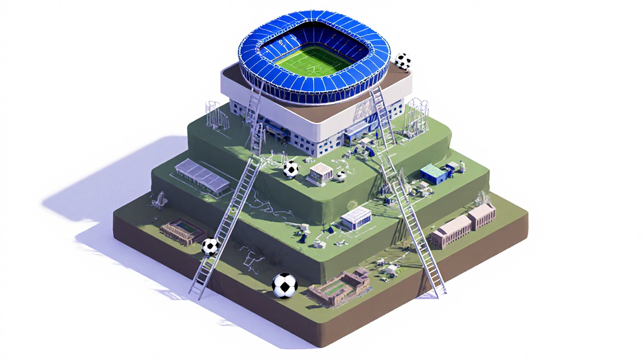 Illustrated English football pyramid as stacked stadium silhouettes connected by footballs and ladders.