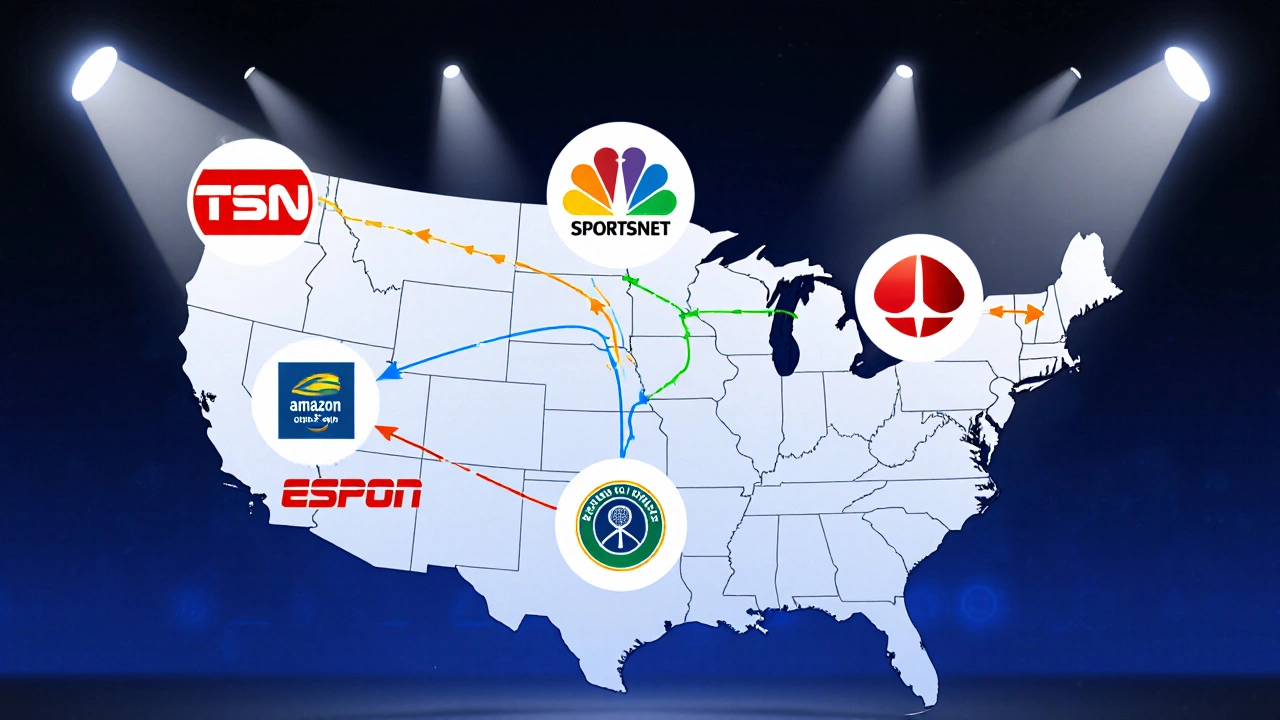 Illustrated North American map with broadcasting logos linked to tennis tournament icons.