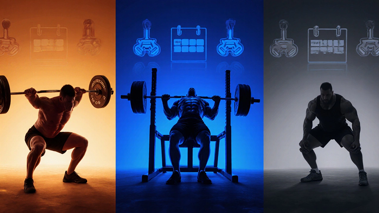 Illustration of squat, bench press, and deadlift illustrating the core lifts of 5×5.