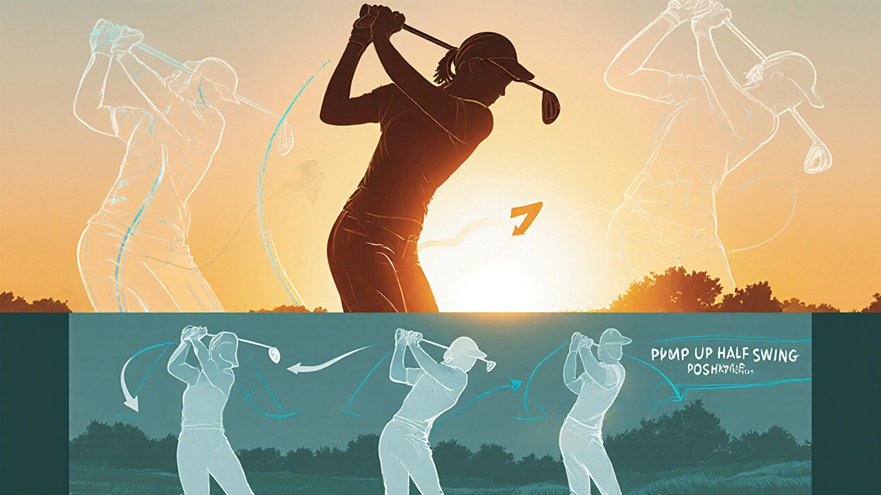 Illustration of swing drill showing paused top position with ghosted swing phases.