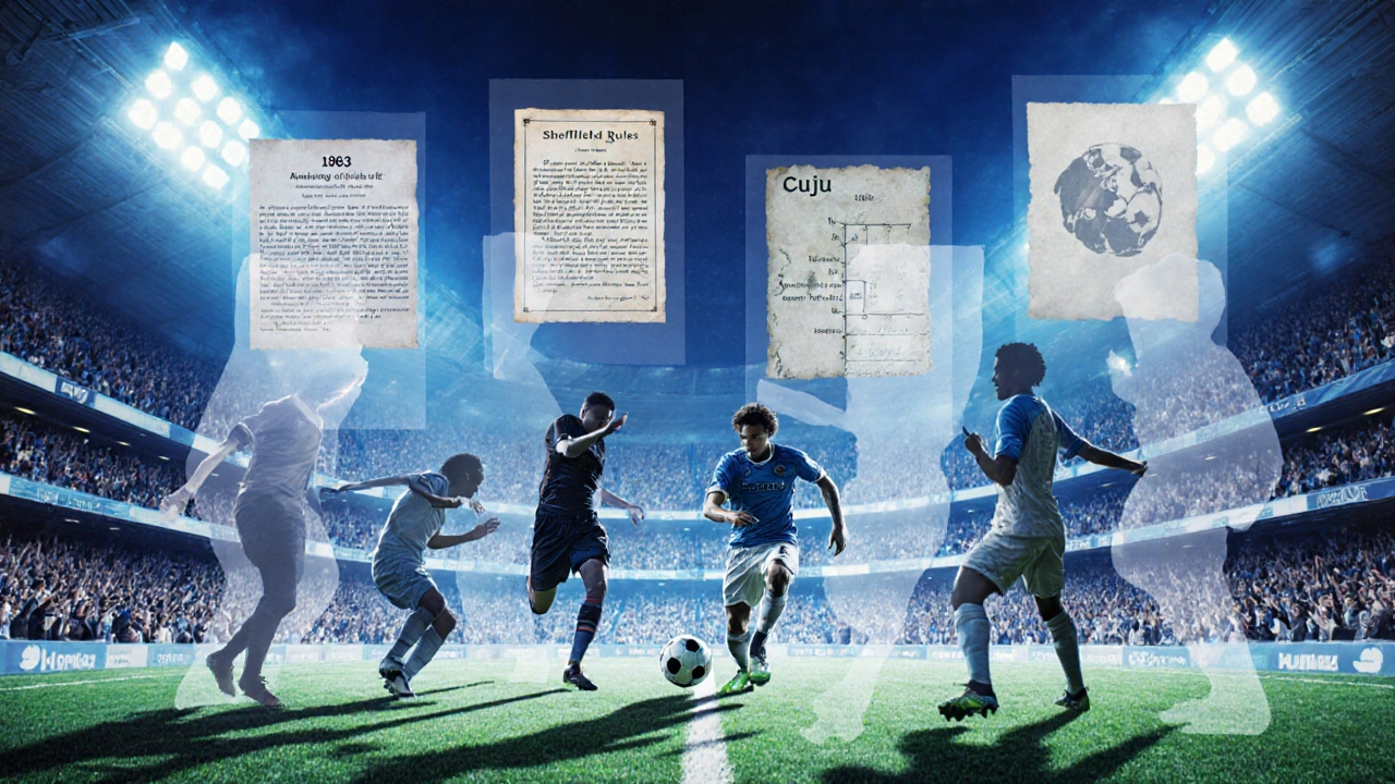 Modern stadium with players and ghostly overlays of historic football rules.