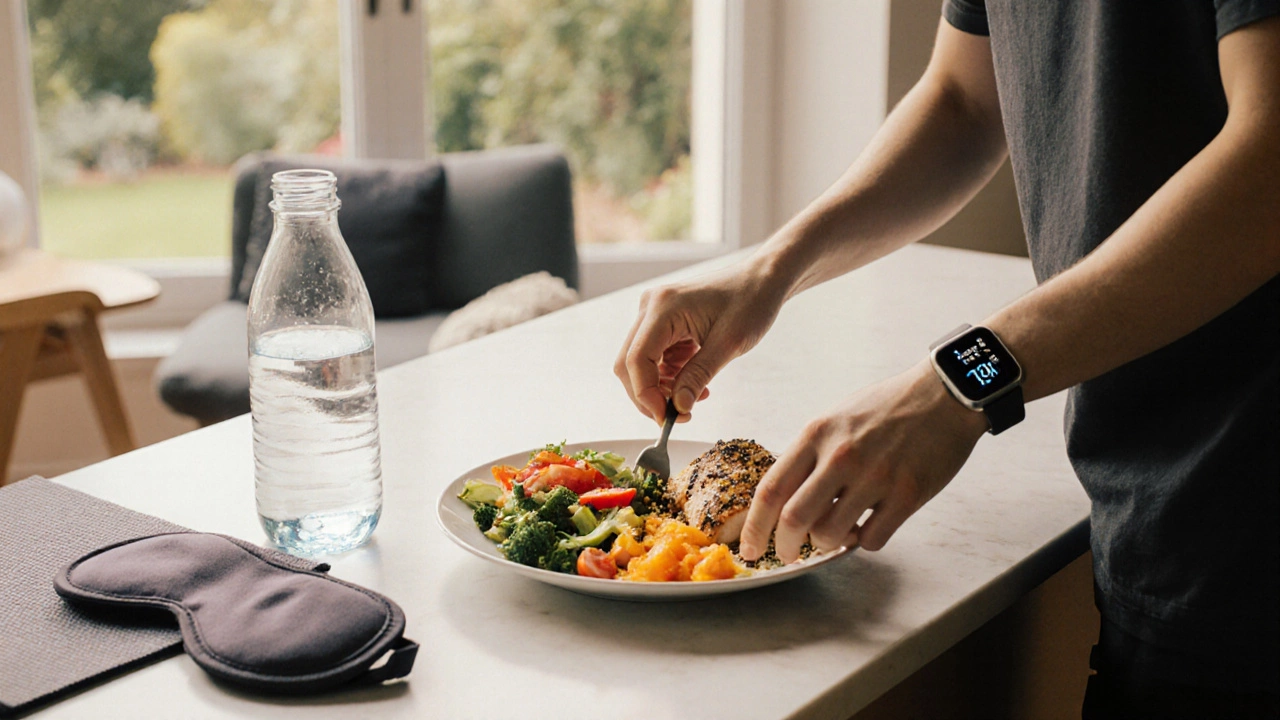 Morning kitchen scene with balanced plate, water bottle, yoga mat, and sleep mask indicating healthy habits.