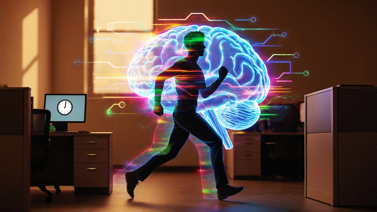 Office worker marching with glowing brain overlay showing increased blood flow.