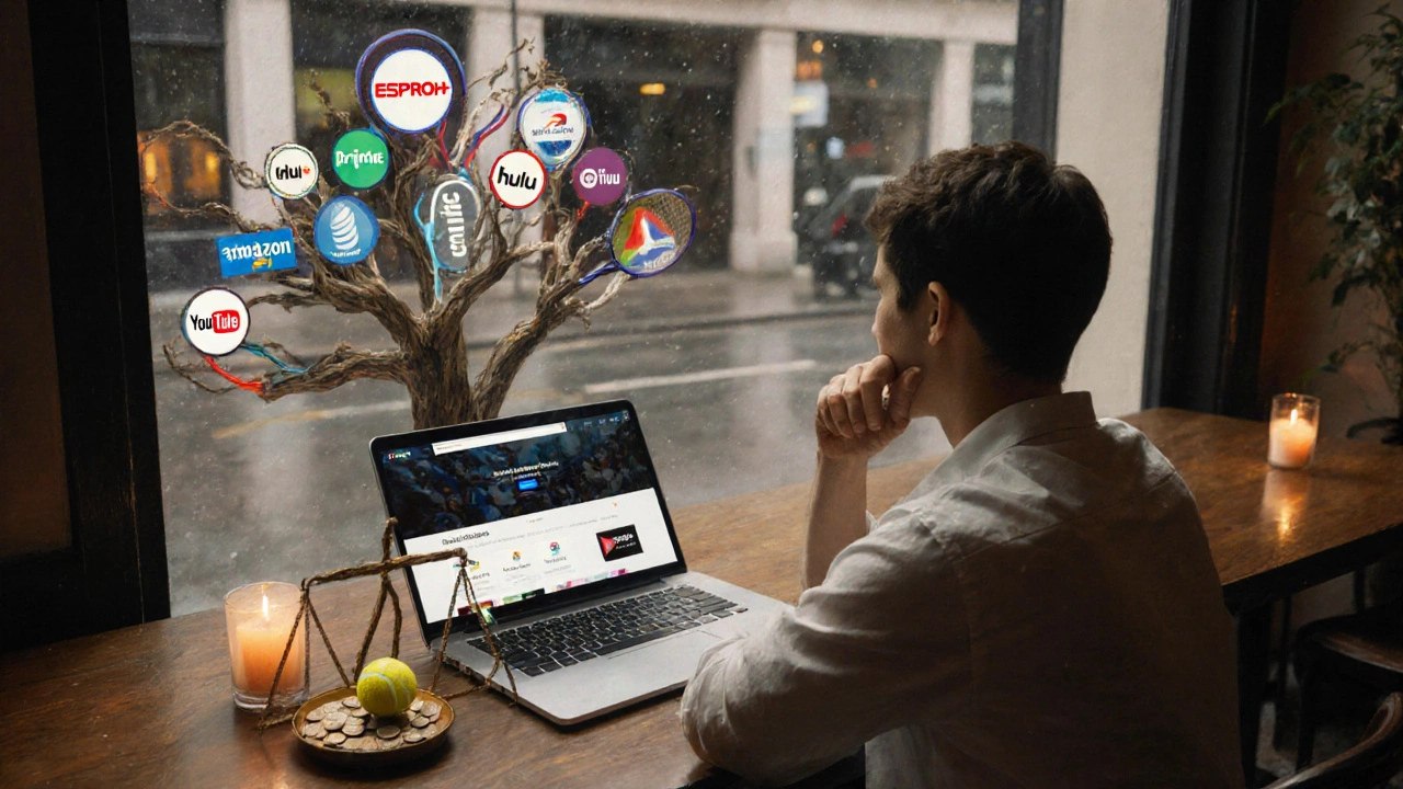 Person at a café with laptop, a racket‑shaped decision tree of service logos, and a scale balancing a tennis ball and coins.