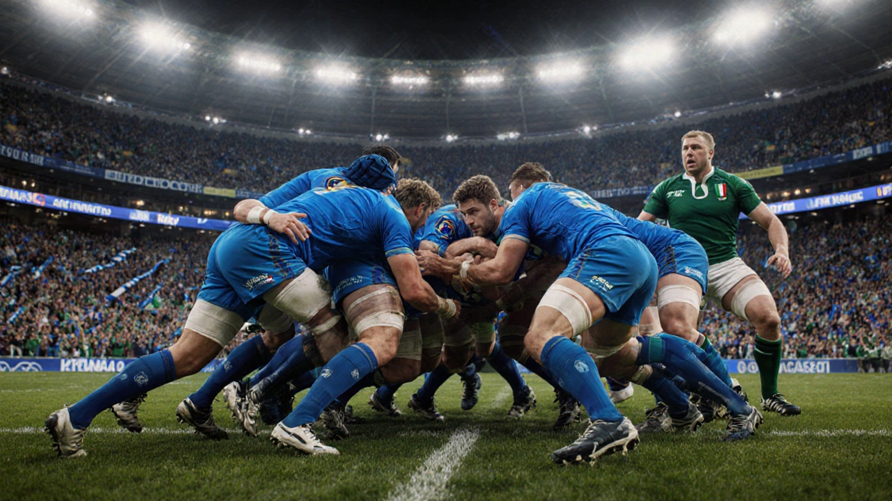 Photorealistic scene of Italy rugby players in a scrum at Stadio Olimpico with blue‑scarved fans.