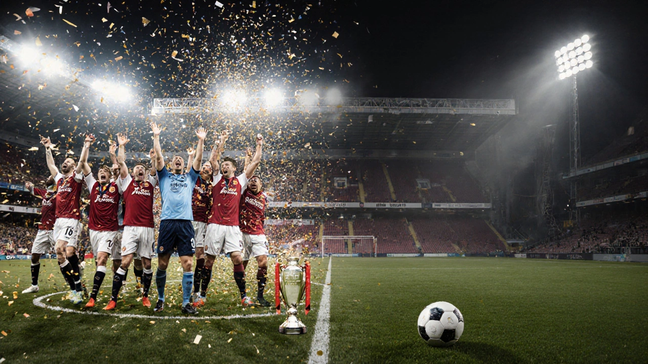 Players celebrate promotion on a bright field while another team leaves an empty, muted stadium.