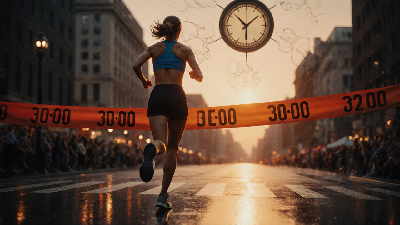 Runner crossing marathon finish line at dusk with a clock showing three hours.