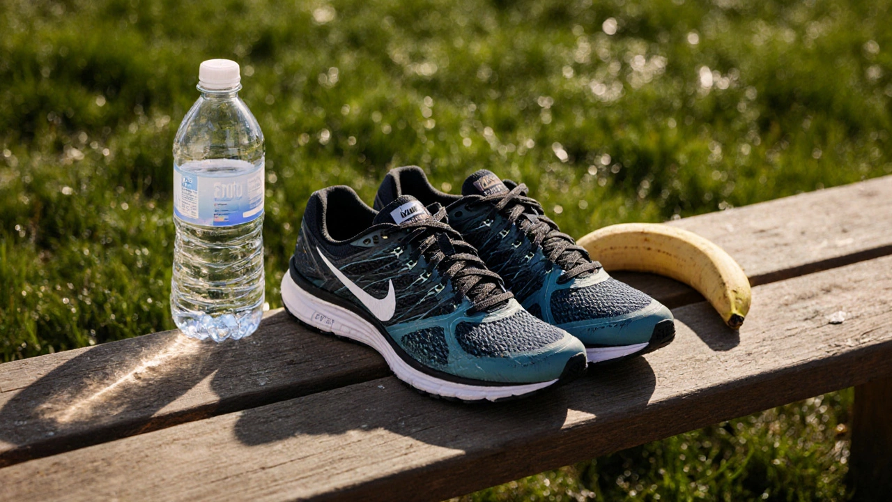 Running shoes, water bottle, and banana on a bench, representing daily training rituals.