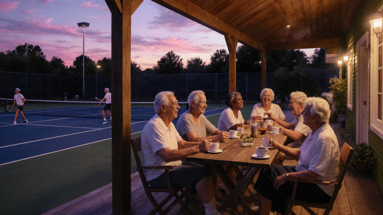 Senior players enjoying coffee on a patio after a twilight tennis match.