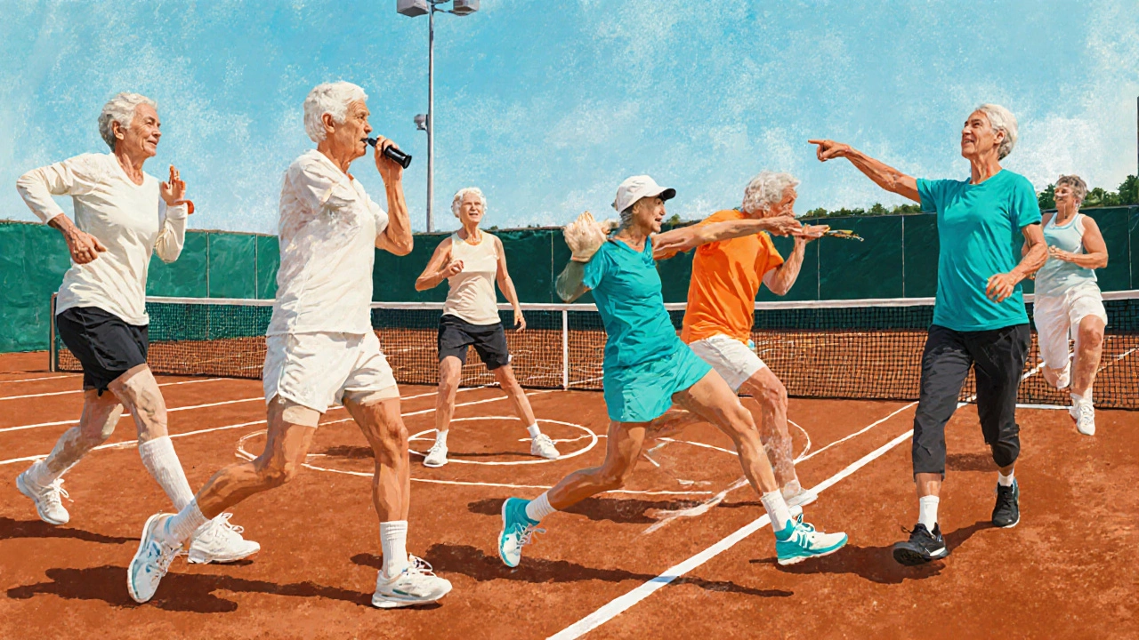 Senior tennis class doing warm‑up drills on a clay court under a bright sky.
