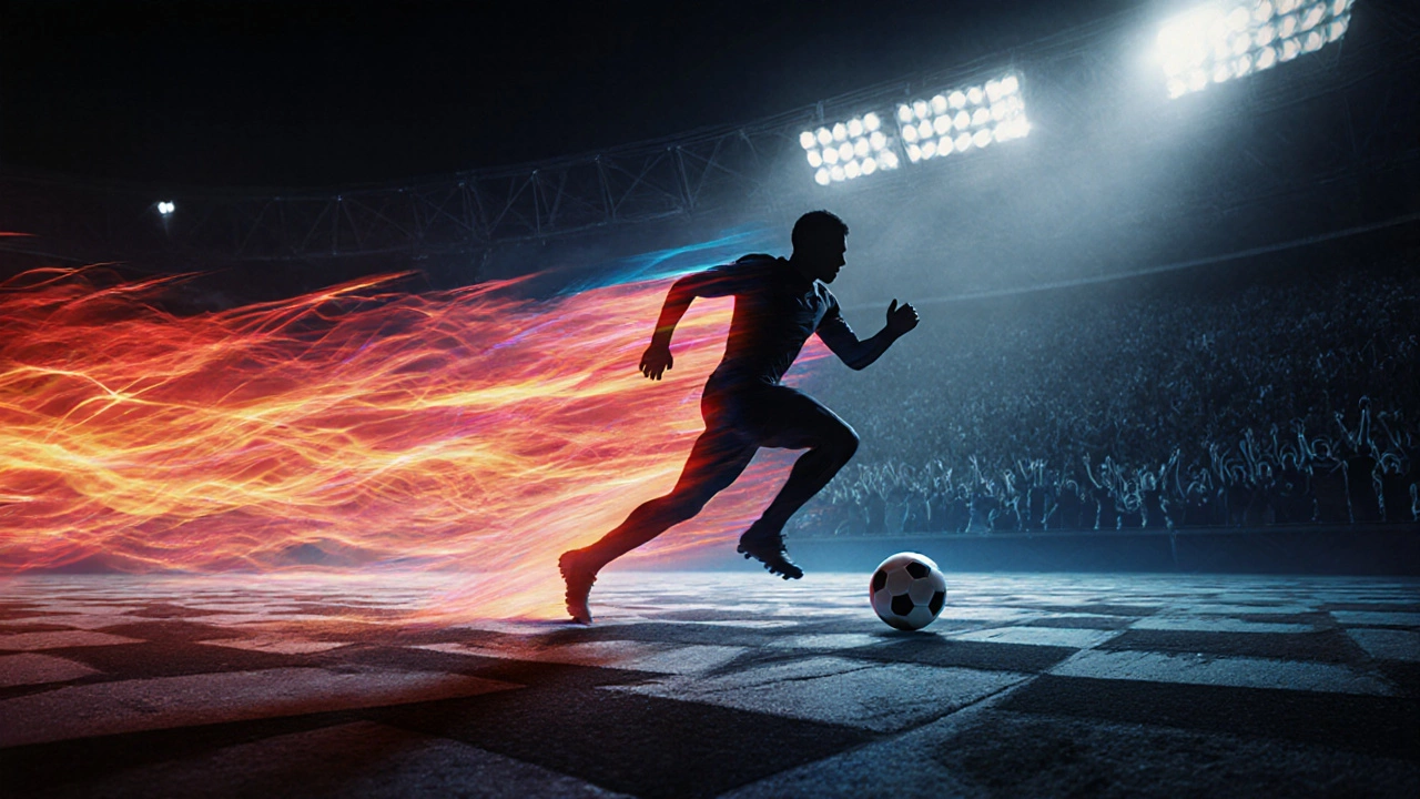 Silhouette of player sprinting after a blur ball, illustrating pursuit.