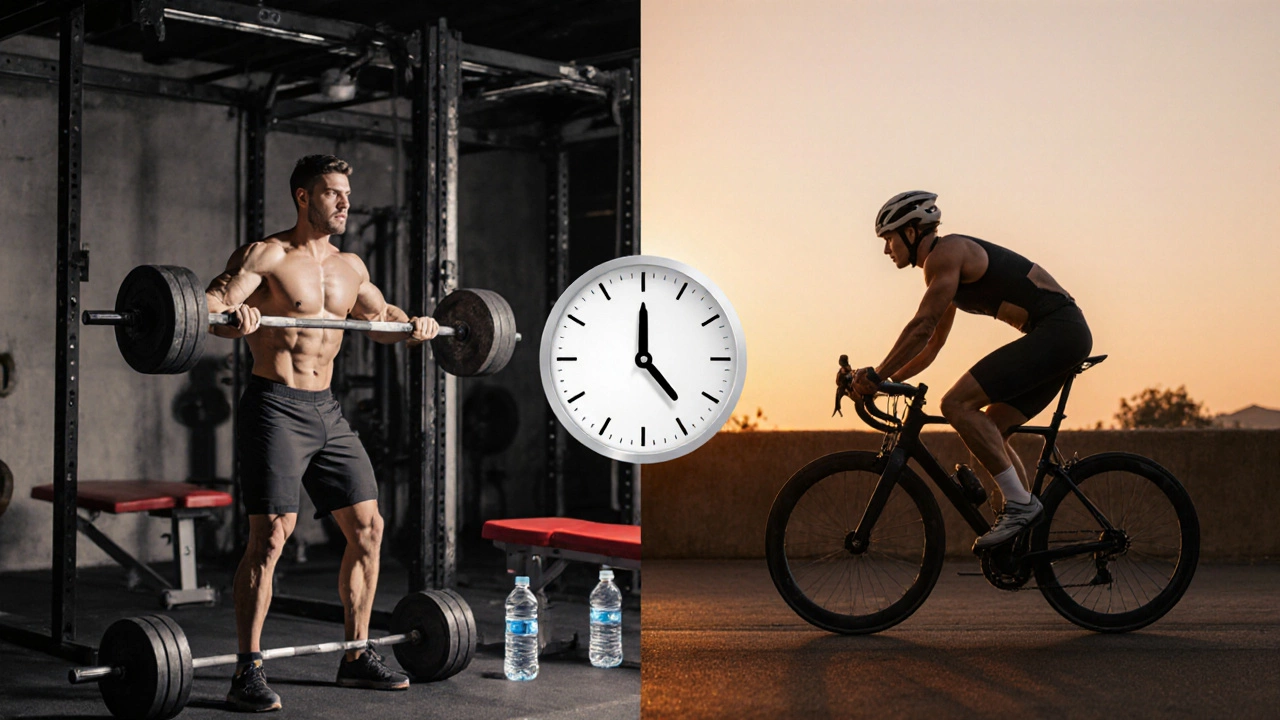 Split-day training: upper body strength and cycling under golden hour light.