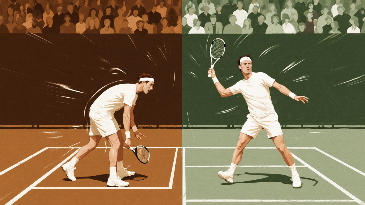Split-image of a tennis player overcoming a weak backhand by mastering serve-and-volley tactics.