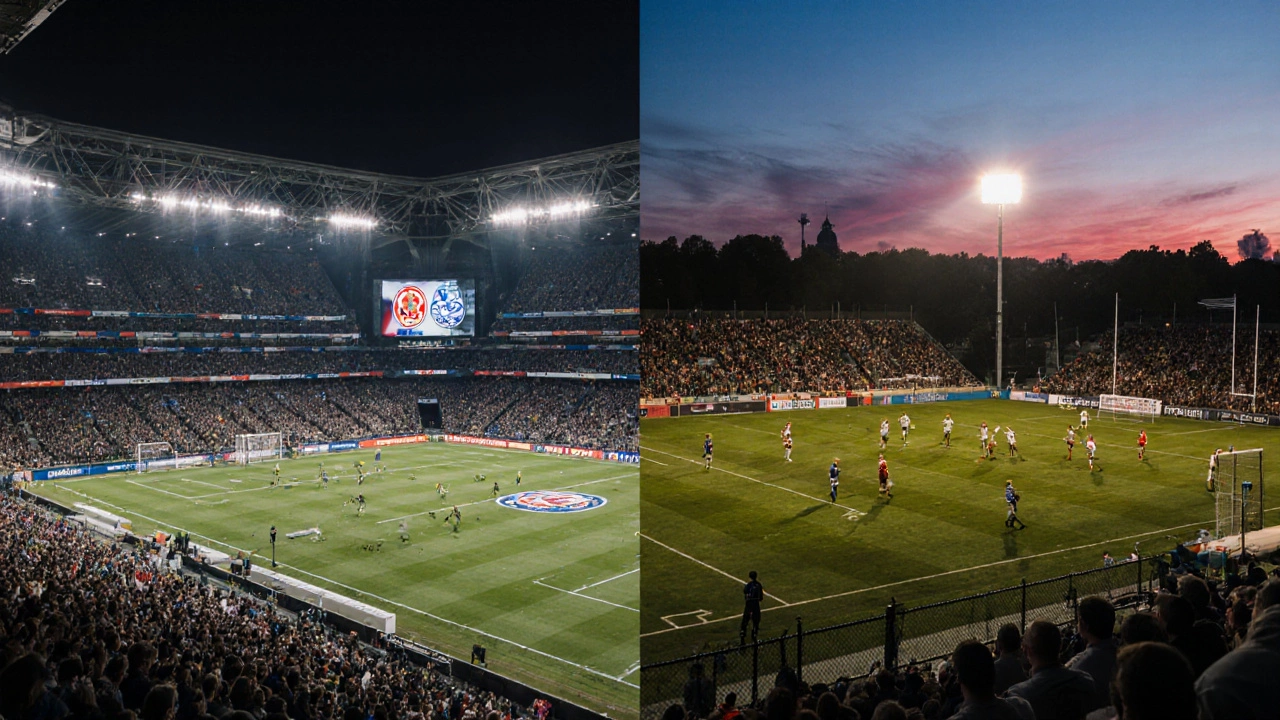 Split view: crowded football stadium vs small rugby match with few spectators.
