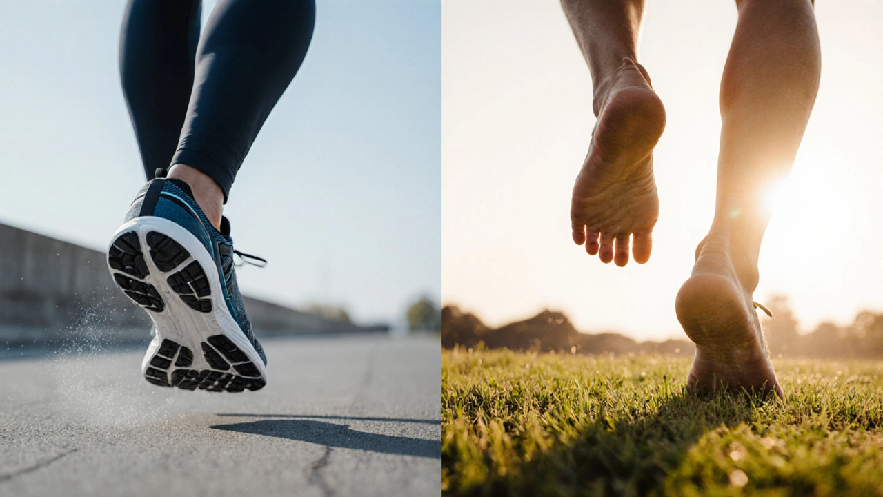 Split view of a heel strike in sneakers on pavement and a barefoot forefoot strike on grass.