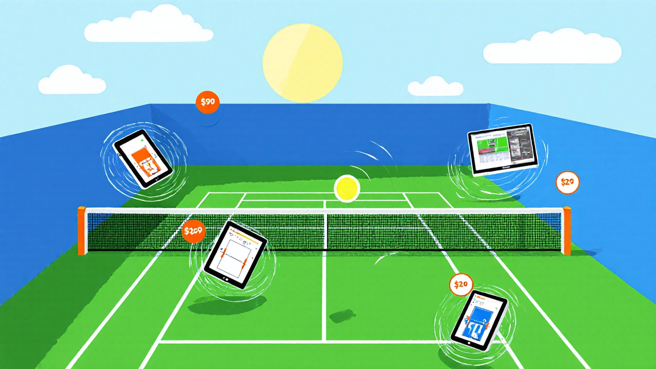 Tennis court with floating devices each surrounded by price circles representing subscription plans.