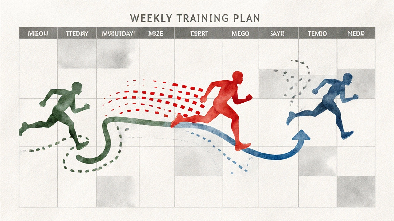 Three types of running workouts visualized as colored paths on a weekly plan.