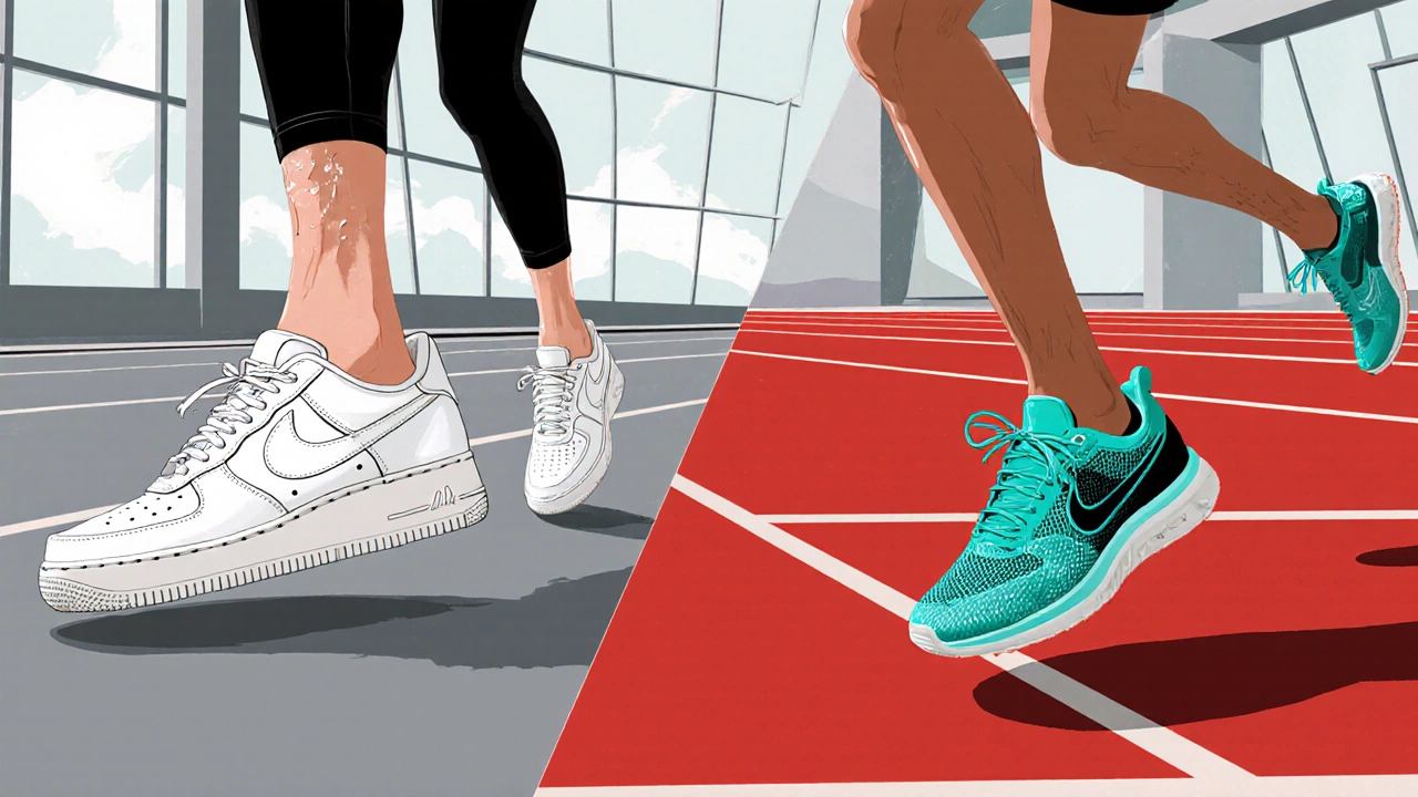 Two runners on a track: one in leather Air Force 1, the other in a light mesh running shoe.