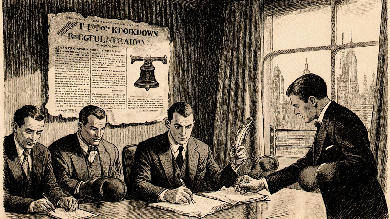 Vintage illustration of 1930s officials drafting the three‑knockdown rule.