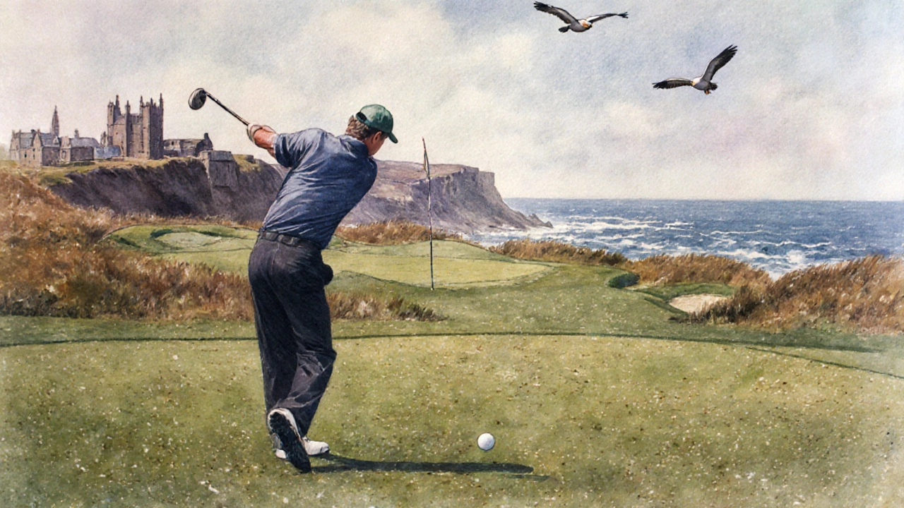 Vintage watercolor of a driver swing on a par‑5 at St. Andrews with a ball near the pin.