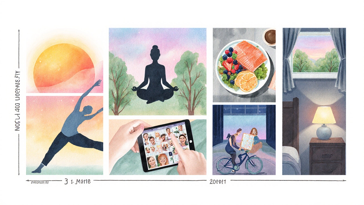 Watercolor collage of daily activities: stretching, healthy meals, mindfulness, puzzle, call, bike ride, bedtime reading.