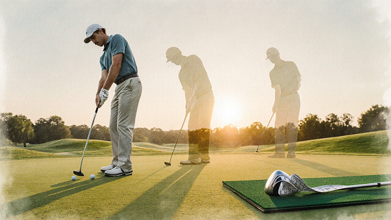 Watercolor of golfer calmly putting on fast green with fitted club nearby.