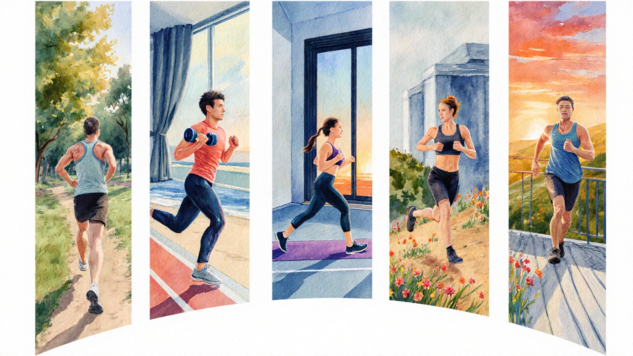 Watercolor sequence shows a person doing weekly cardio, strength, yoga, sprinting, hiking, and stretching.