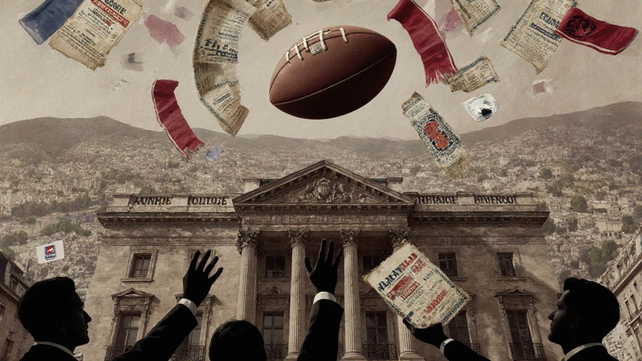 A floating rugby ball above a crumbling government building, surrounded by fragments of banned club memorabilia.
