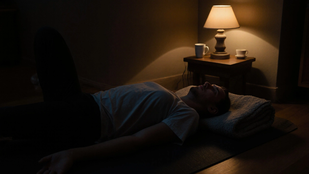 A person lying relaxed on their back in the evening, arms at sides, eyes closed in stillness.