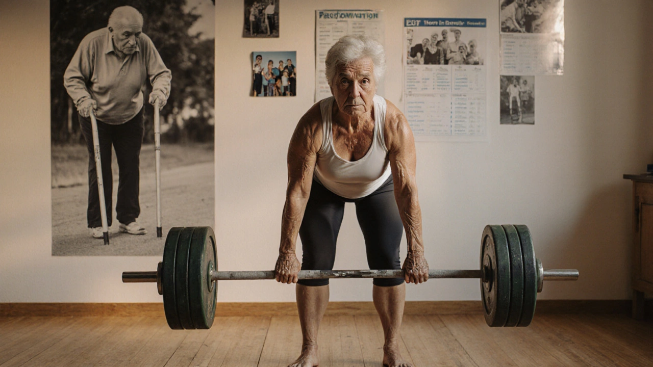 An older woman confidently deadlifting heavy weights, symbolizing improved mobility and vitality.