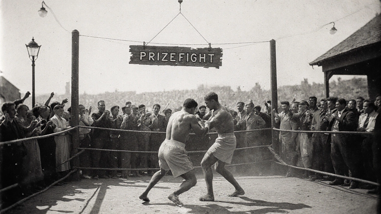 Black-and-white 1920s prizefight with bare-knuckled fighters and a cheering historical crowd.