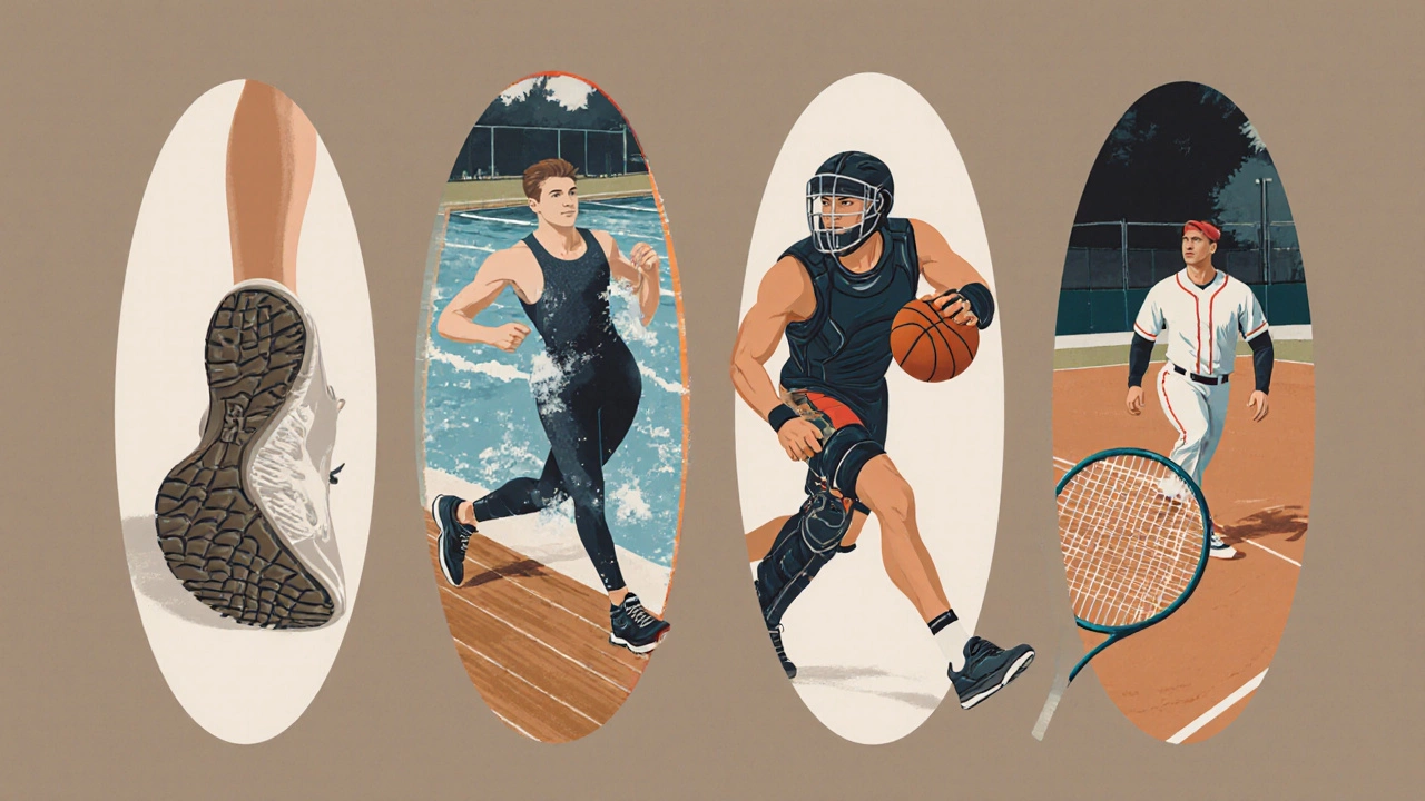 Five athletes in their sport-specific gear: runner, basketball player, swimmer, catcher, tennis player.