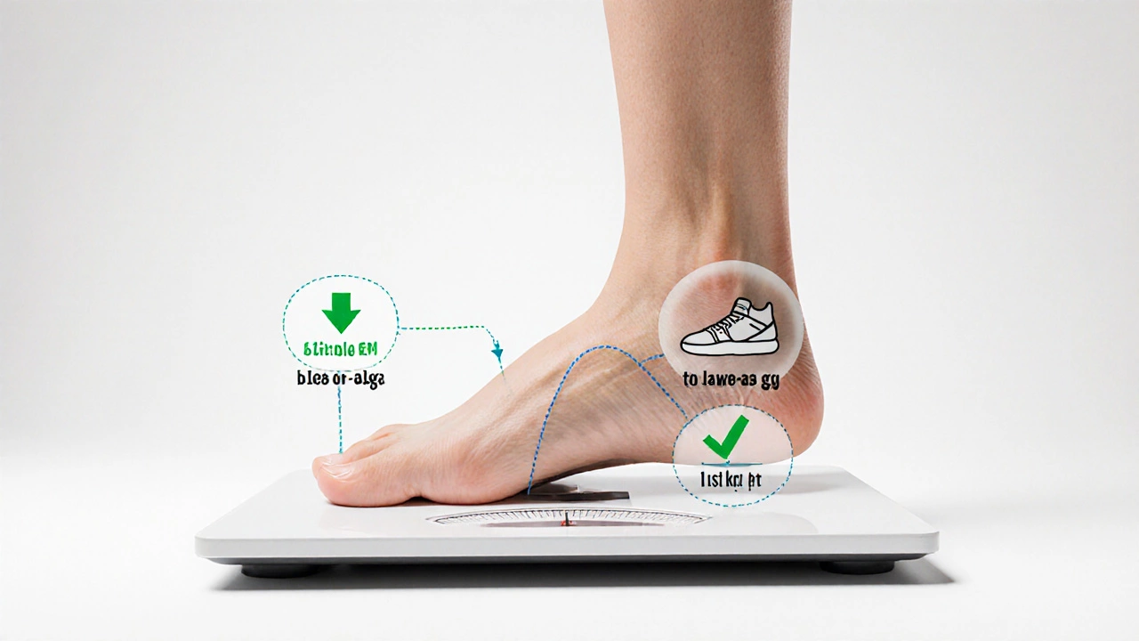 Foot beside two shoes labeled &#039;Too Big&#039; and &#039;Just Right&#039; with icons showing injury vs. stability.