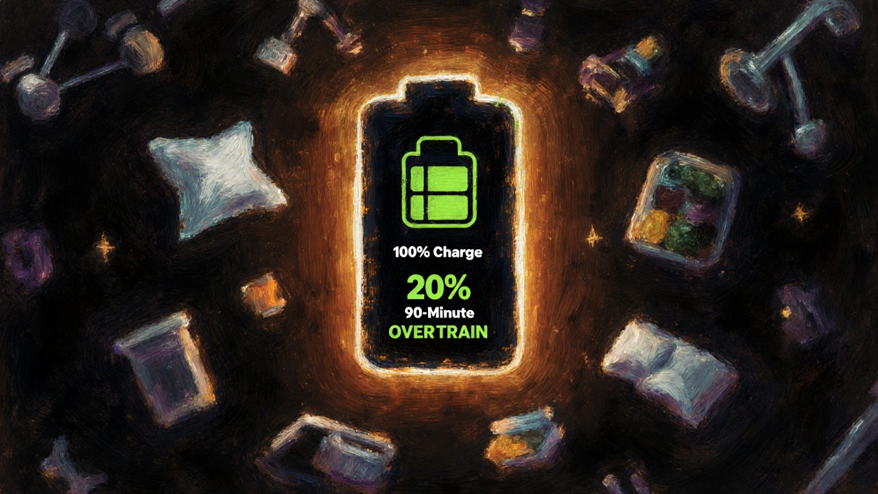 Human body represented as a phone battery, illustrating optimal vs. excessive workout duration.
