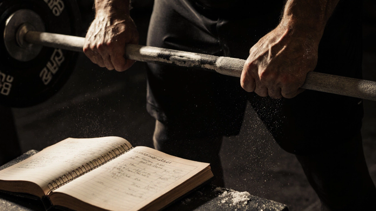 Lifter adding weight to a barbell while checking progress in a worn notebook.