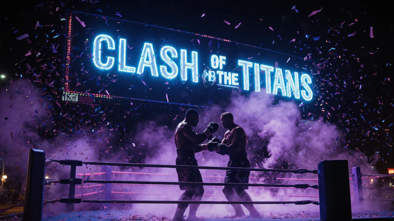Neon billboard reading &#039;CLASH OF THE TITANS&#039; above shadowy boxers entering the ring at night.