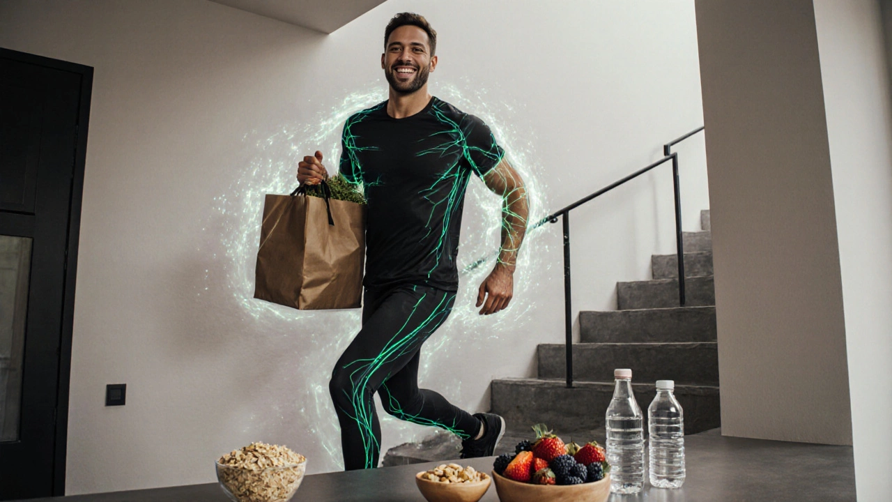 Person climbing stairs with groceries, surrounded by healthy whole foods symbolizing stamina through nutrition and strength.