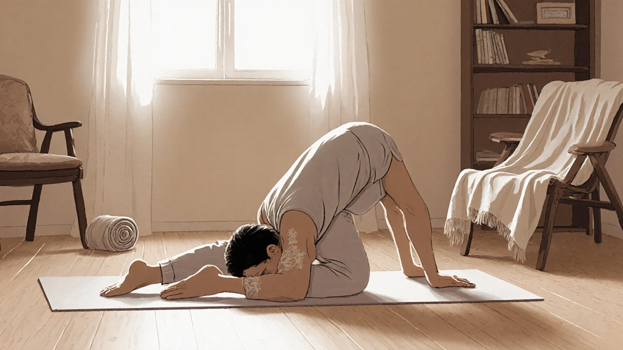 Someone moving gently through Cat-Cow stretch on a mat with a blanket nearby.