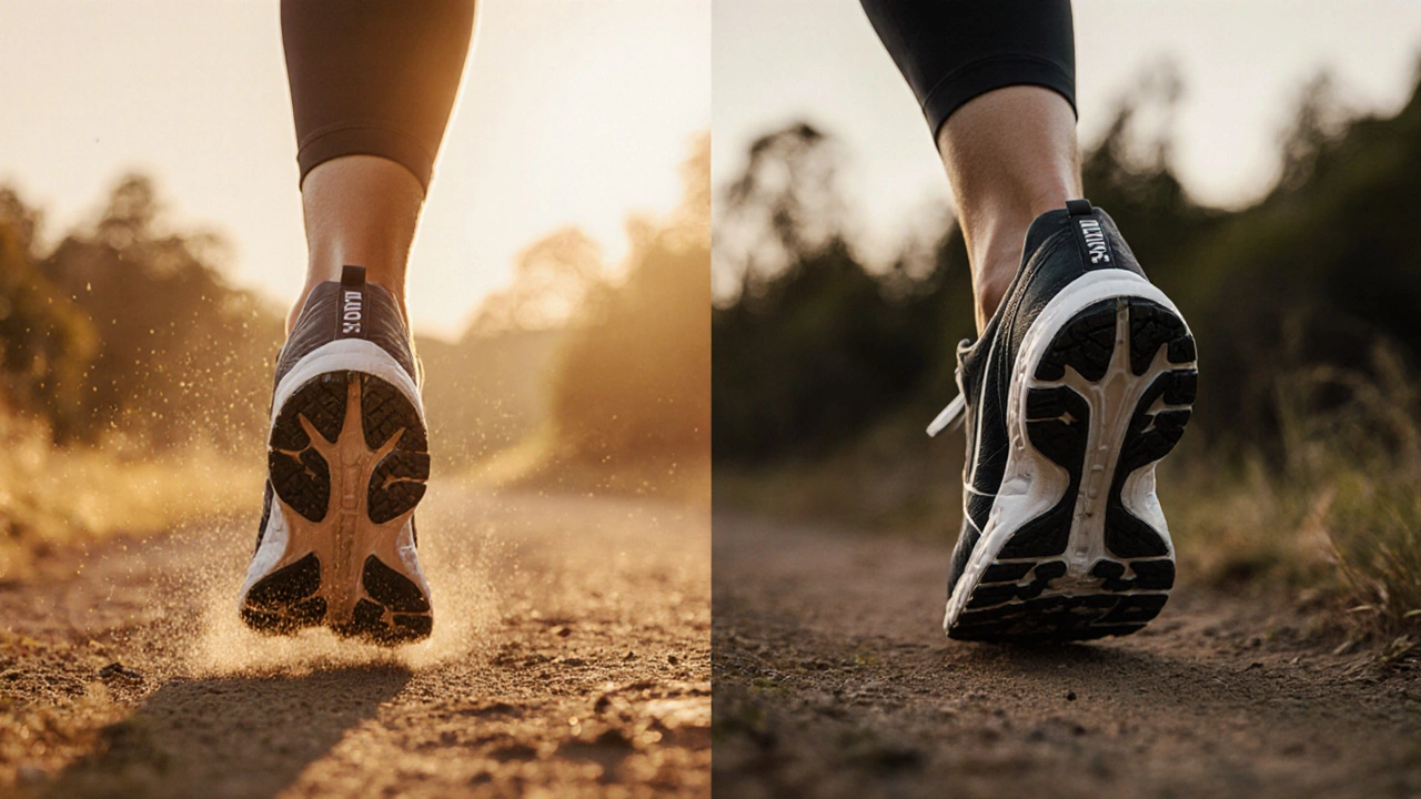 Split image showing a runner with ill-fitting vs. properly fitted running shoes on a trail.